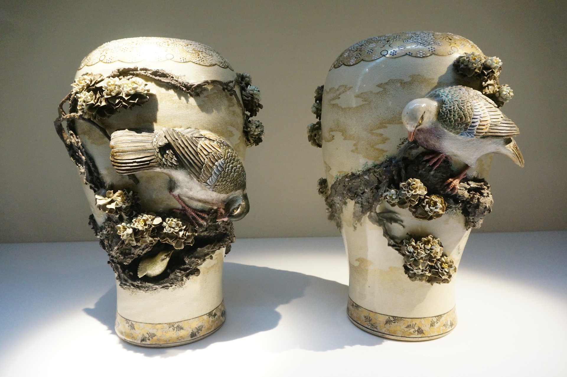 Vases in Relief, Doves and Cherry Blossoms Design